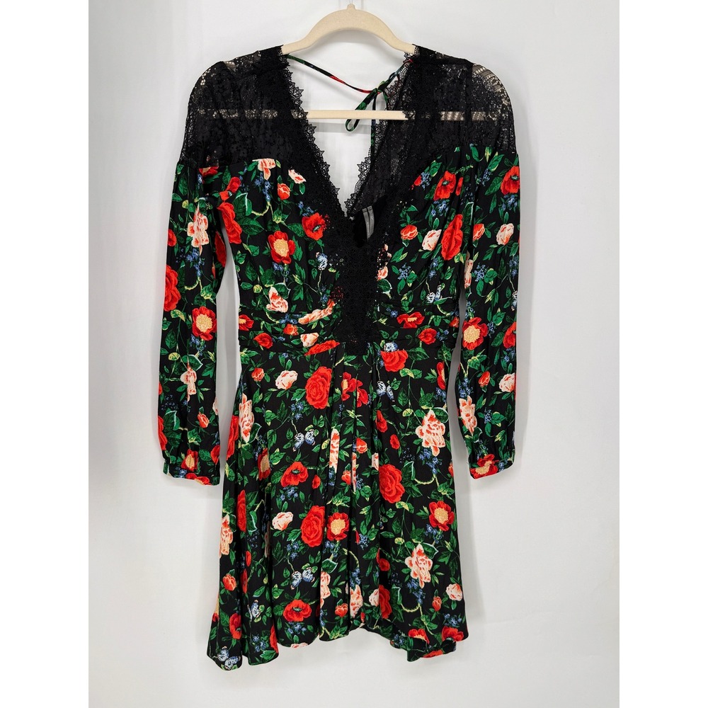 Anthropologie Mini Dress Women 4 Black Red EUC Floral Lace V-Neck Long Sleeve
